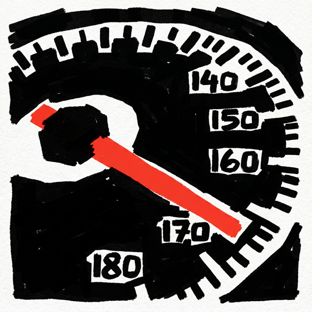 A speedometer pinned past the red line — the automated-systems archetype.